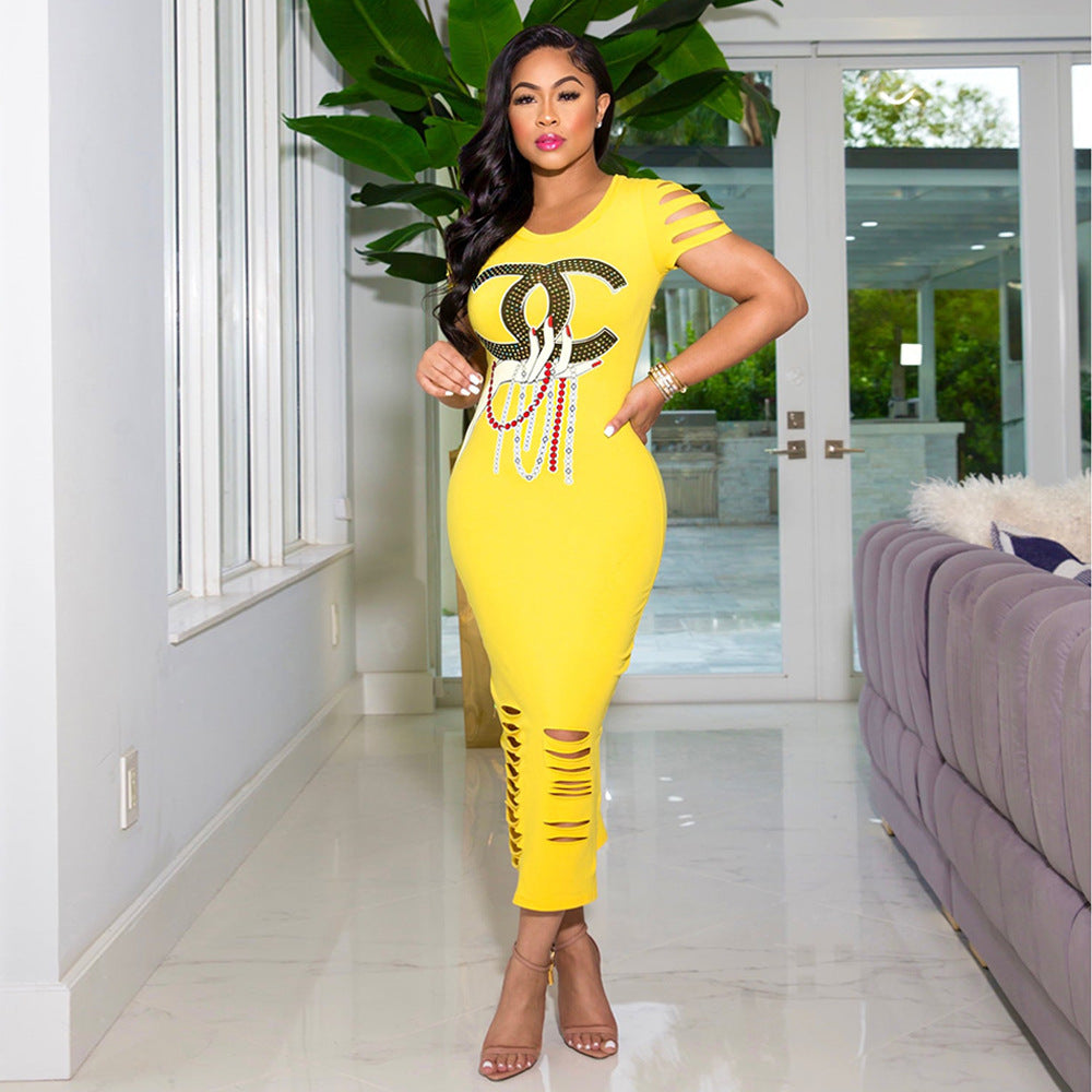 Sexy Printed Rhinestone Letter Fashion Women's Dress